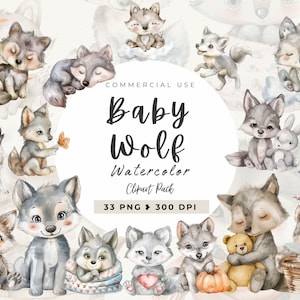 Clipart aquarelle bébé loup, bébés animaux, téléchargement numérique, bébés animaux, animaux de la forêt, baby shower, loup des forêts, usage Commercial