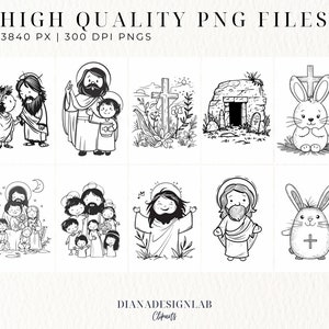 Puede incluir: Un conjunto de 42 im&aacute;genes de clip art de Pascua en blanco y negro. Las im&aacute;genes incluyen a Jes&uacute;s, una cruz, una tumba, un conejo y una familia. Las im&aacute;genes son perfectas para crear tarjetas de Pascua, invitaciones o decoraciones.