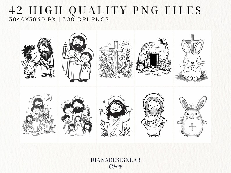 Puede incluir: Un conjunto de 42 im&aacute;genes de clip art de Pascua en blanco y negro. Las im&aacute;genes incluyen a Jes&uacute;s, una cruz, una tumba, un conejo y una familia. Las im&aacute;genes son perfectas para crear tarjetas de Pascua, invitaciones o decoraciones.