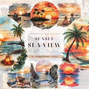 Sea Sunset Illustration, Watercolor Travel Summer, Ocean, Sunset Beach, Tropical Sunset, Digital Download, Digital Planner Commercial Use