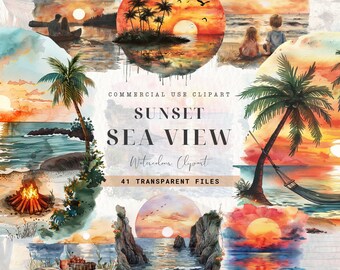 Sea Sunset Illustration, Watercolor Travel Summer, Ocean, Sunset Beach, Tropical Sunset, Digital Download, Digital Planner Commercial Use