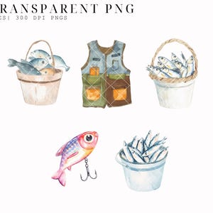 May include: A set of watercolor illustrations featuring fishing themed items. The set includes a fishing vest, a bucket of fish, a lure, and two buckets of fish. The illustrations are painted in a realistic style with a focus on detail.