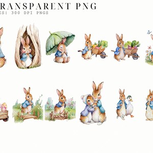 May include: A set of 12 digital illustrations featuring cute cartoon bunnies in various poses. The bunnies are wearing blue jackets and are depicted in different settings, including a garden, a forest, and a farm. The illustrations are perfect for adding a touch of whimsy to any project.