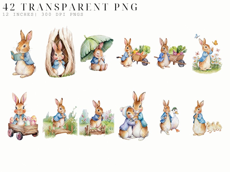 May include: A set of 12 digital illustrations featuring cute cartoon bunnies in various poses. The bunnies are wearing blue jackets and are depicted in different settings, including a garden, a forest, and a farm. The illustrations are perfect for adding a touch of whimsy to any project.