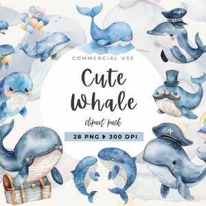 Watercolor Clipart Whale, Baby Wall Art, Instant Download, Commercial Use, Nautical PNG, Sea Animals, Undersea, Baby Shower, Sea Creatures
