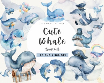 Watercolor Clipart Whale, Baby Wall Art, Instant Download, Commercial Use, Nautical PNG, Sea Animals, Undersea, Baby Shower, Sea Creatures