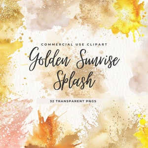May include: A digital download of 32 watercolor-style PNG images featuring golden, yellow, and peach-colored splatter patterns. The text "Golden Sunrise Splash" is displayed on the image.