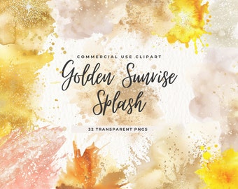 Gold Watercolor Splatter Clipart, Abstract Background, Splashes Ivory Gold, Digital Download, Brush Strokes, Minimalist Textures