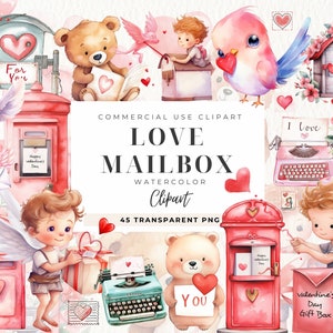 Valentine Mailbox Clipart, Descarga instantánea, Buzón de correo, Día de San Valentín, Cupido San Valentín, Carta Red Mail Box XOXO febrero, Uso comercial