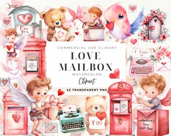 May include: Watercolor clipart set featuring a red mailbox, a teddy bear holding a heart, a bird with a heart, a typewriter, and a cupid with wings. The set is perfect for Valentine's Day crafts and projects.
