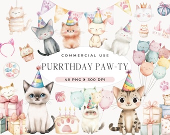 Cute Cats Clipart Birthday Party, Watercolor Cartoon Cat Breeds, Sublimation Birthday Invitations, Pastel, Party Clipart, Commercial Use