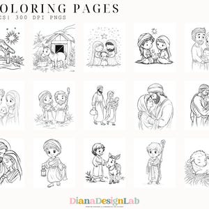 May include: A set of 45 black and white coloring pages featuring various scenes from the Christmas story. The pages include images of the Nativity, the Three Wise Men, and other characters from the Bible.