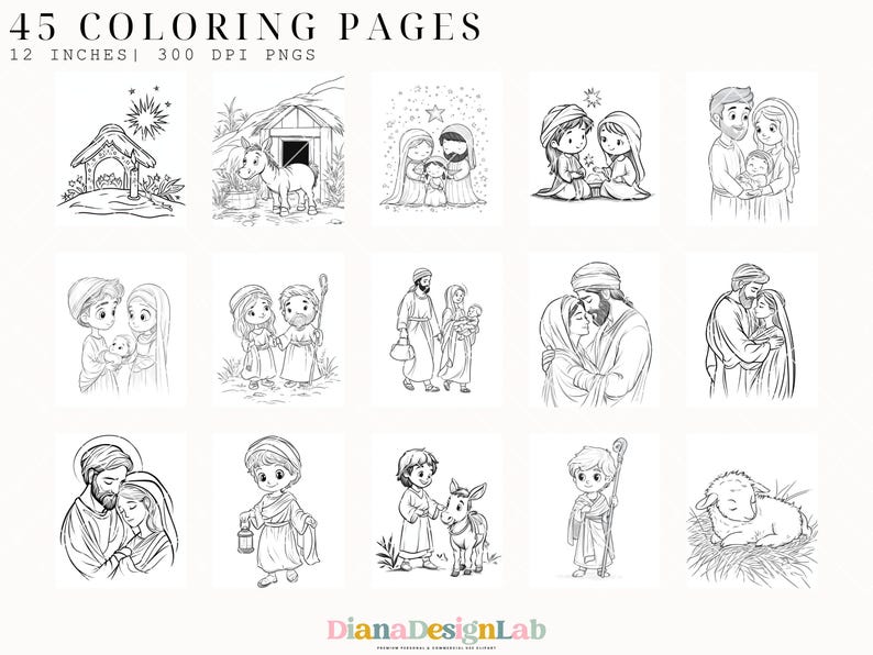 May include: A set of 45 black and white coloring pages featuring various scenes from the Christmas story. The pages include images of the Nativity, the Three Wise Men, and other characters from the Bible.