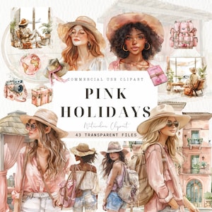 Reizen aquarel clipart roze girly, zomer illustraties, ongewenste dagboek, reisroute, digitale download, vrouwelijke reizen, chique reizen PNG