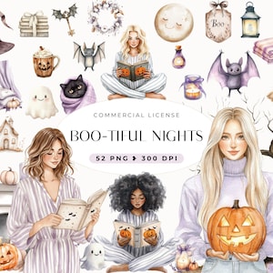 Watercolor Cozy Halloween Clipart, Pumpkin, Digital Download, Cute Ghost, Reading Halloween, Boho, Spooky Cozy Aesthetic, Commercial Use