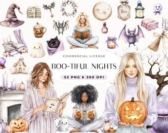 Watercolor Cozy Halloween Clipart, Pumpkin, Digital Download, Cute Ghost, Reading Halloween, Boho, Spooky Cozy Aesthetic, Commercial Use