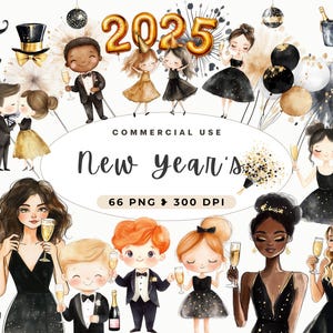 Frohes Neues Jahr Clipart Schwarz und Gold 2025, Feier, Feuerwerk, Karten machen, Niedlich Aquarell Party, Festliche Kinder, Nye, Kommerzielle Nutzung