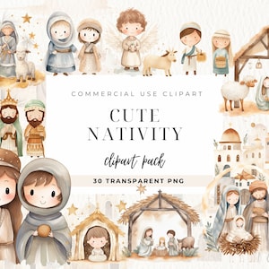 Süße Krippe Aquarell Clipart, Weihnachten Aquarell Jesus Geburt Illustration, Heilige drei Könige, Maria Jungfrau, Sofortiger Download für Kommerziell