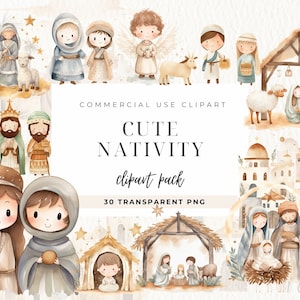 Cute Nativity Scene Watercolor Clipart, Xmas Watercolor Jesus Birth Illustration, Three Kings, Mary Virgin, Instant Download For Commercial