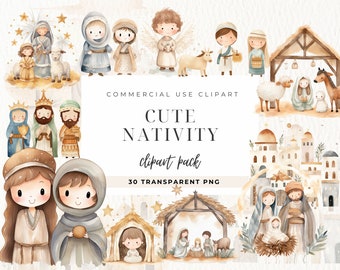 Cute Nativity Scene Watercolor Clipart, Xmas Watercolor Jesus Birth Illustration, Three Kings, Mary Virgin, Instant Download For Commercial