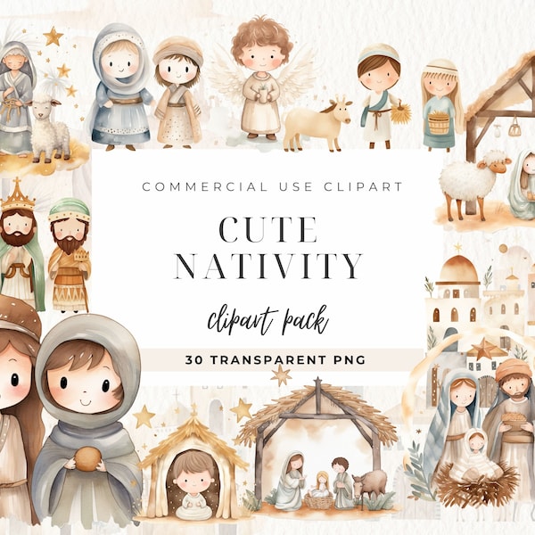 Cute Nativity Scene Watercolor Clipart, Xmas Watercolor Jesus Birth Illustration, Three Kings, Mary Virgin, Instant Download For Commercial