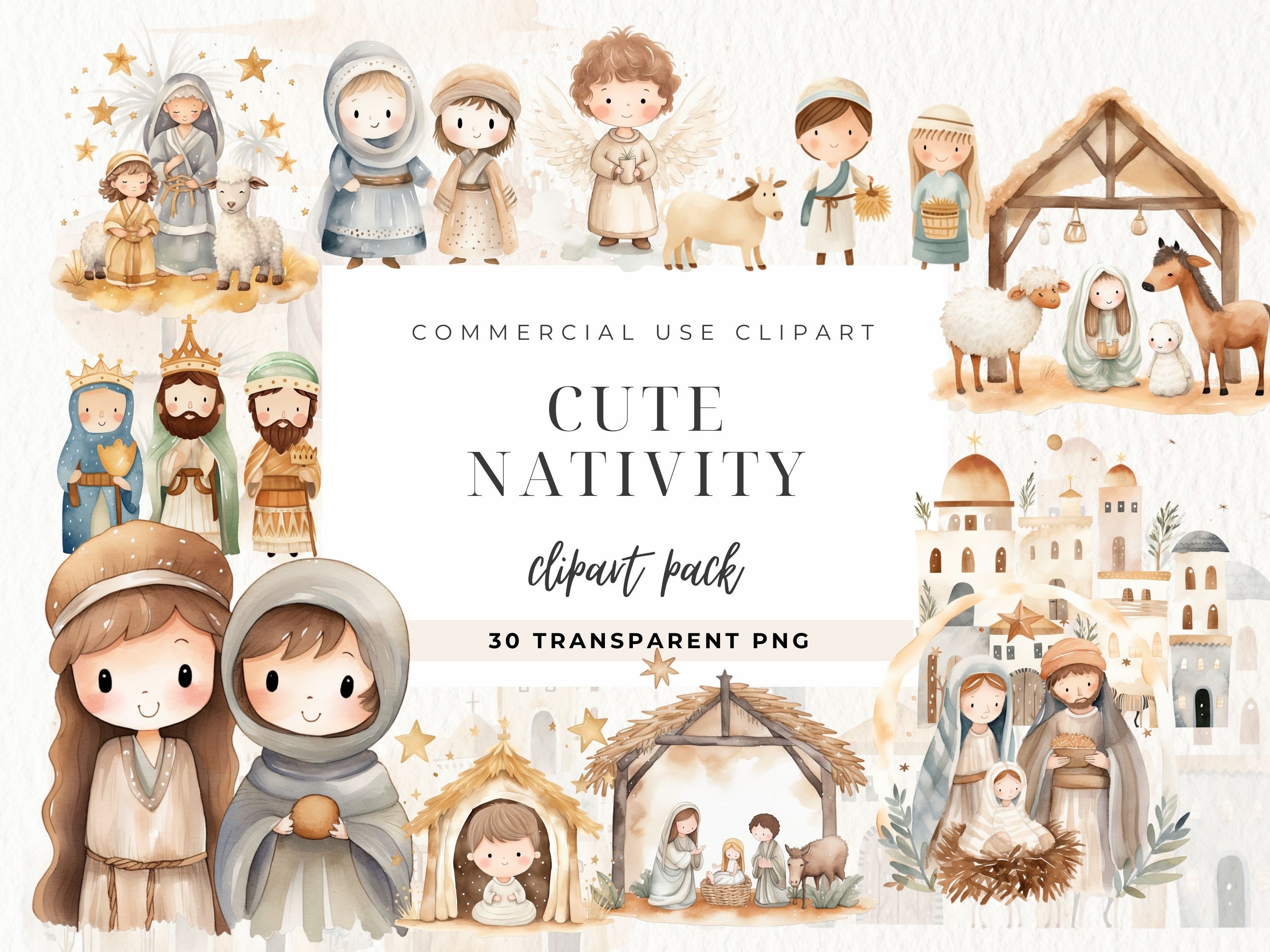 Süße Krippe Aquarell Clipart, Weihnachten Aquarell Jesus Geburt Illustration, Heilige drei Könige, Maria Jungfrau, Sofortiger Download für Kommerziell
