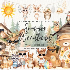 Paquete de imágenes prediseñadas de Summer Wonderland, invitación de baby shower de bosque floral de acuarela, SVG de cumpleaños, imágenes prediseñadas de vacaciones, uso comercial