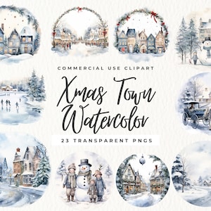 Aquarell Weihnachtsstadt Clipart, Winterdorf Illustrationen, Weihnachtslandschaft, Weihnachts-Bundle, Winterszene, Verschneite Szene, Kommerzielle Nutzung