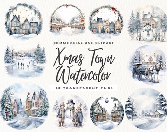 Clipart della città di Natale ad acquerello, illustrazioni del villaggio invernale, paesaggio natalizio, pacchetto natalizio, scena invernale, scena innevata, uso commerciale