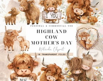 Süße Highland Kuh Muttertag Clipart, kommerzielle Nutzung, Baby Animal, lustige Kuh Clip Art, Sublimationsdruck, Geschenk, Wandkunst, kommerziell