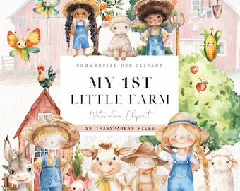 Cute Baby Farm Animal Clipart, Nursery Wall Art, Baby Cow, Sheep, Digital Download, Spring Clipart, Commercial Use, Watercolor Scarecrow