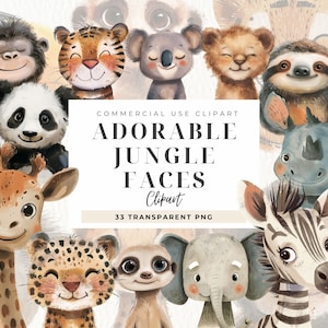 Images clipart bébé de la jungle, oeuvre d'art pour chambre de bébé, Shower de bébé, design mignon pour enfant, aquarelles, petits animaux, safari sauvage, usage commercial