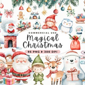 Clipart village du père Noël mignon, père Noël, lot de Noël sucré, pôle Nord, renne, elfe, hiver, vacances, botanique, usage commercial