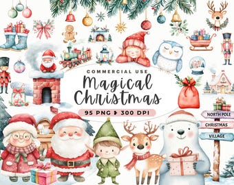 Cute Santas Village Clipart, Santa Claus, Sweet Christmas Bundle, North Pole, Reindeer, Elf, Winter, Holidays, Botanical, Commercial Use