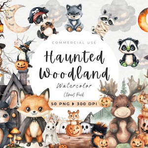 Clipart aquarelle Halloween des bois, décoration de chambre d'enfant, clipart effrayant, téléchargement numérique, animaux de l'automne, renard mignon vampire, citrouille, fantôme