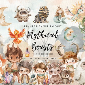 神話上の獣のクリップアート、商用利用、デジタルダウンロード、ボヘミアン クリプティッド クリーチャー アート、ファンタジー モンスター PNG、デジタルダウンロード、カード作成