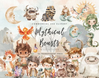 Mythical Beasts Clipart, Commercial Use, Digital Download, Boho Cryptid Creature Art, Fantasy Monsters Png, Digital Download, Card Making