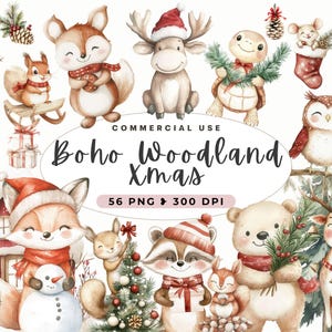 Clipart natalizia Boho Woodland, inverno nel bosco, decorazioni per la cameretta dei bambini, animali neutri, casa in legno nella foresta, Babbo Natale, volpe, orso, uso commerciale