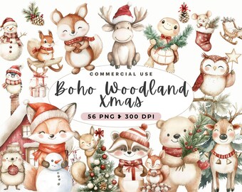 Boho Wald Weihnachten Clipart, Wald Winter, Kinderzimmer Dekor, neutrale Tiere, Wald Holz Haus, Weihnachtsmann, Fuchs, Bär, kommerzielle Nutzung