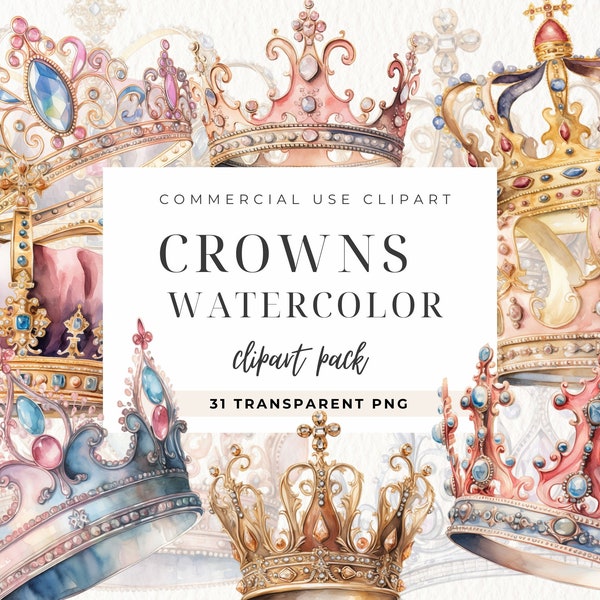 Crowns Watercolor Clip Art, Commercial Use, Transparent PNGs, Royal Crown Clipart, Princess Tiaras, King, Queen, Prince, Gold, Colorful