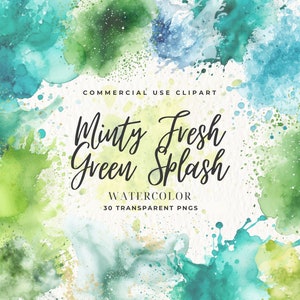 Clipart de respingos de aquarela verde fresco mentolado, fundo abstrato, salpicos neutros, download digital, pinceladas, texturas minimalistas