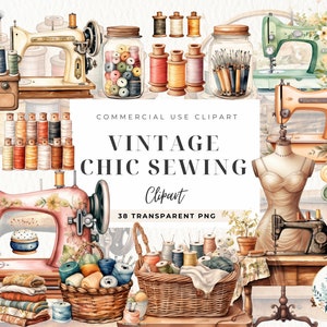 Puede incluir: Clipart de temática de costura vintage con una colección de máquinas de coser, carretes de hilo, botones, agujas y un maniquí. El clipart está en un estilo acuarela con una sensación ligera y aireada.