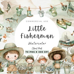 Clipart petit pêcheur, petit garçon pêcheur, clipart aquarelle imprimable, décoration de chambre d'enfant, invitation à une baby shower, bébé mignon, usage commercial