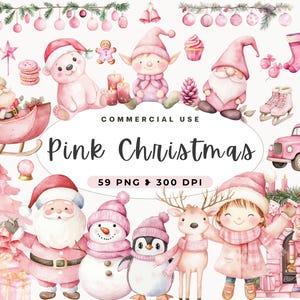 Pink Christmas Watercolor Clipart, Digital Download, Instant Download, Nutcracker, Tis The Season, Santa, Reindeer, Gingerbread Man, Elf