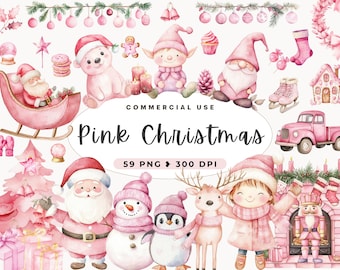 Pink Christmas Watercolor Clipart, Digital Download, Instant Download, Nutcracker, Tis The Season, Santa, Reindeer, Gingerbread Man, Elf