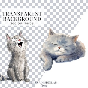 Pode incluir: Duas ilustra&ccedil;&otilde;es de aquarela de gatos cinzentos. Um gato est&aacute; sentado e olhando para cima com a boca aberta. O outro gato est&aacute; deitado com os olhos fechados. Ambos os gatos s&atilde;o desenhados em um estilo de desenho animado.