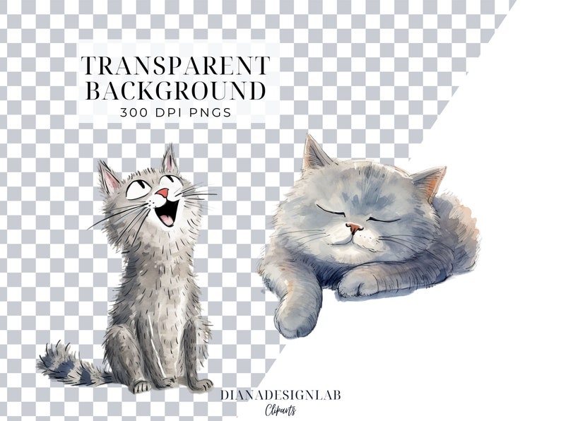 Pode incluir: Duas ilustra&ccedil;&otilde;es de aquarela de gatos cinzentos. Um gato est&aacute; sentado e olhando para cima com a boca aberta. O outro gato est&aacute; deitado com os olhos fechados. Ambos os gatos s&atilde;o desenhados em um estilo de desenho animado.