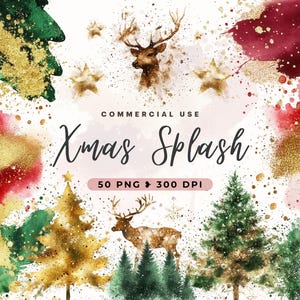 Weihnachten Splash Clipart, Pastell Aquarell Alkohol Tinte Splatter, Weihnachten Farbspritzer, Abstrakt Pinselstriche, Rot, Gold, Kommerzielle Nutzung