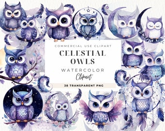 Celestial Owls Watercolor Clipart, Commercial Use, Digital Design Download, Magic Clipart, Fantasy Invite, Stars And Galaxy, Crescent Moon