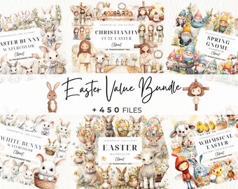 Watercolor Easter Clipart, Value Bundle, Easter Bunny, Eggs Floral Baskets, Jesus Easter, Cute Baby Chickens, Nursery, Lamb, Chick, Rabbit